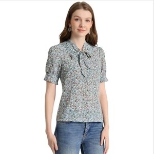 Allegra K Vintage TieNeck Lace Paneled Puff Sleeve Blouse Ditsy Floral LRG NWT